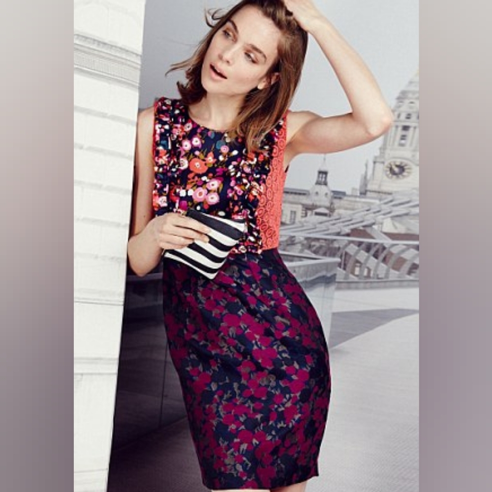 Boden Multicolor Floral Dress with Striped Clutch